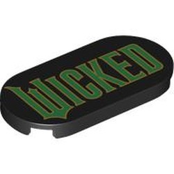 LEGO part 66857pr0046 Tile Round 2 x 4 with Green 'WICKED' print in Black