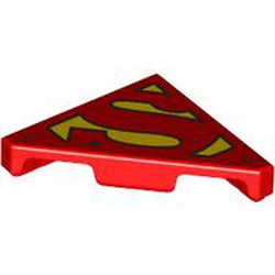 LEGO part 35787pr0007 Tile 45° Cut 2 x 2 (Triangle) with Yellow Super-Man Symbol print in Bright Red/ Red