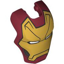 LEGO part 80430pr0003 Headwear Accessory Visor Top Hinge with Gold Ironman Mask, White Eyes print in Dark Red