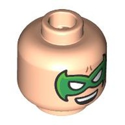 LEGO part 28621pr9566 Minifig Head Robin, Green Mask, Open Mouth Smile / Angry in Light Nougat
