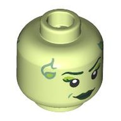 LEGO part 28621pr9558 Minifig Head Poison Ivy, Dark Green Eyebrows, Lime Eyeshadow, Dark Green Lips, Sand Green Leaves, Neutral / Angry Frown in Spring Yellowish Green/ Yellowish Green