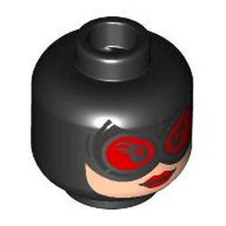 LEGO part 28621pr9568 Minifig Head Catwoman, Light Nougat Face, Silver Goggles with Red Glasses, Red Lips, Stitches on Back in Black