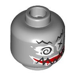 LEGO part 28621pr9567 Minifig Head Statue, Painted, Scribbly Black Eyebrows, White Eyes with Swirl, X, Red Mouth, White Lips, Black Scribble in Medium Stone Grey/ Light Bluish Gray