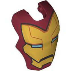 LEGO part 80430pr0002 Headwear Accessory Visor Top Hinge, Rounded, with Gold Armor, Bright Light Blue Eyes Print (Iron Man) in Dark Red