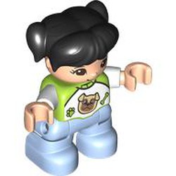 LEGO part 18825pr0091 Duplo Figure Child with Ponytails and Bangs Black, with Top with White Sleeves, Bright Light Blue Legs in Bright Yellowish Green/ Lime