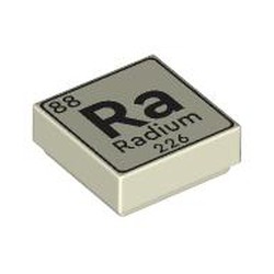 LEGO part 3070bpr9899 Tile 1 x 1 with Element Radium, '88 Ra Radium 226' print in Glow in Dark White