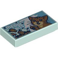 LEGO part 3069bpr9932 Tile 1 x 2 with Cat Food Box, Cat, White 'MEOW BITS' print in Aqua/ Light Aqua