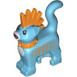 LEGO part 39742pr0004 Animal, Cat, Standing with Bright Light Orange Spiky Mohawk and Collar, Bright Light Orange Stripes print in Medium Azure