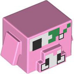 LEGO part 73232pr0003 Minifig Head Special, Cube Hog with White Snout, Green, Skull, Eyes print in Light Purple/ Bright Pink