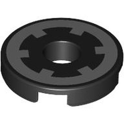 LEGO part 15535pr0018 Tile Round 2 x 2 with Hole with Silver Gear print in Black