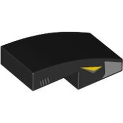 LEGO part 11477pr0048 Slope Curved 2 x 1 No Studs [1/2 Bow] with Silver Shape, Yellow Eye on Side print in Black