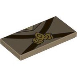 LEGO part 87079pr9870 Tile 2 x 4 with Chest, Dark Brown Straps, Gold Symbol print in Sand Yellow/ Dark Tan