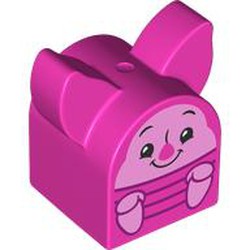 LEGO part 4786pr0002 Duplo Brick 2 x 2 x 2 Curved Top with Pointed Ears, Piglet Print in Bright Purple/ Dark Pink