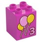 Duplo Brick 2 x 2 x 2 with '3', Bright Pink/Yellow Balloons print