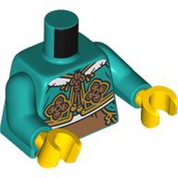 LEGO part 973c46h01pr0004 Torso, Cheongsam Bolero, Gold/Medium Nougat Decorations, White Fur print, Dark Turquoise Arms, Yellow Hands in Bright Bluish Green/ Dark Turquoise