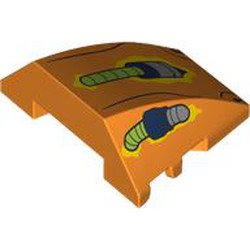 LEGO part 64225pr0020 Wedge Curved 4 x 3 No Studs with print in Bright Orange/ Orange