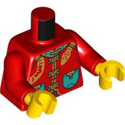 LEGO part 973c22h01pr0026 Torso, Tang Jacket, Gold Knots, Dark Turquoise Pockets, Gold Snake print, Red Arms, Yellow Hands in Bright Red/ Red