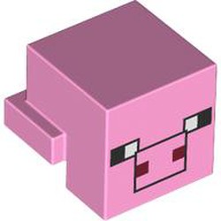 LEGO part 19727pr0010 Minifig Head Special, Cube with Rear Ledge, Pixelated Black, White and Dark Red Face Print (Pig) in Light Purple/ Bright Pink