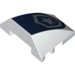 LEGO part 64225pr0025 Wedge Curved 4 x 3 No Studs with Silver Police Badge on Dark Blue Background print in White