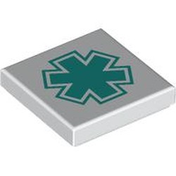LEGO part 3068bpr9318 Tile 2 x 2 with Dark Turquoise Star of Life print in White
