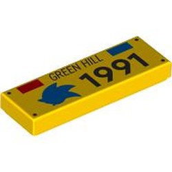 LEGO part 63864pr0063 Tile 1 x 3 with Red/Blue Triangles, Blue Hedgehog, 'GREEN HILL 1991' print in Bright Yellow/ Yellow