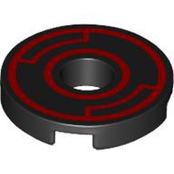 LEGO part 15535pr0012 Tile Round 2 x 2 with Hole with print in Black