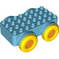 LEGO part 6531815 Duplo Car Base 4 x 8 with Four Large Yellow Wheels and Orange Hubs in Medium Azure