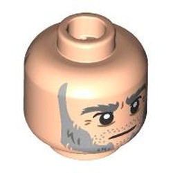 LEGO part 28621pr9583 Minifig Head Joshamee Gibb, Dark Bluish Grey Eyebrows, Light Bluish Grey Sideburns, Stubbles, Wrinkles, Stern / Scowl in Light Nougat