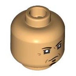 LEGO part 28621pr9584 Minifig Head Marty, Black Eyebrows, Thin Goatee, Lopsided Smirk in Nougat