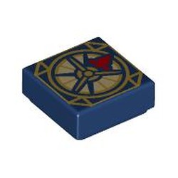 LEGO part 3070bpr9886 Tile 1 x 1 with Gold Compass, Red Arrow print in Earth Blue/ Dark Blue