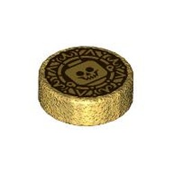 LEGO part 98138pr0447 Tile Round 1 x 1 with Dark Red Doubloon, Minifig Head print in Warm Gold/ Pearl Gold