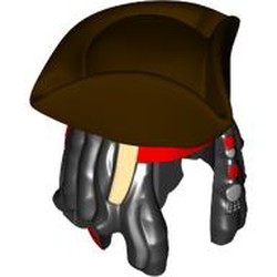 LEGO part 7414pr0001 Hair and Hat, Dreadlocks with Beads, Red Bandana, Dark Tan Tricorne print [SINGLE MOLD] in Black