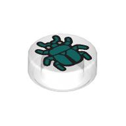 LEGO part 98138pr0405 Tile Round 1 x 1 with Dark Turquoise Beetle print in Transparent/ Trans-Clear