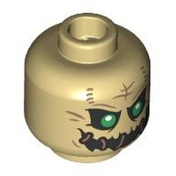 LEGO part 28621pr9561 Minifig Head Scarecrow, Green Eyes, Black Eyeholes, Black Mouth with Brown Stitches in Brick Yellow/ Tan