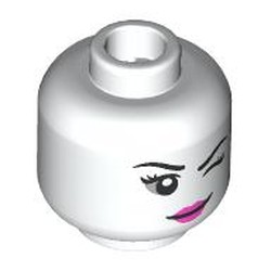 LEGO part 28621pr9559 Minifig Head Harley Quinn, Black Eyebrows, Light Bluish Grey Eyeshadow, Dark Pink Lips, Wink / Pink Bubblegum Bubble in White