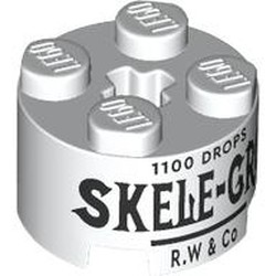 LEGO part 3941pr0013 Brick Round 2 x 2 with 'SKELE-GRO' print in White