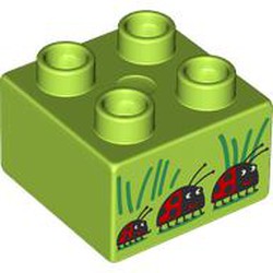 LEGO part 3437pr0213 Duplo Brick 2 x 2 with Ladybugs print in Bright Yellowish Green/ Lime