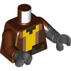 LEGO part 973h08pr0001 Torso, Pixelated Yellow Shirt, Dark Brown Belt print, Odd Dual Molded Left Arm, Reddish Brown Sleeve, Pearl Titanium Arm, Right Reddish Brown Arm, Pearl Titanium Hands in Reddish Brown