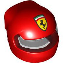 LEGO part 7071pat0001pr0001 Helmet, Formula 1 with Trans-Black Visor pattern and Ferrari Logo print in Bright Red/ Red