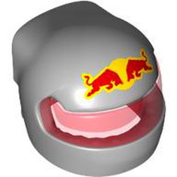 LEGO part 7071pat0002pr0001 Helmet, Formula 1 with Trans-Red Visor pattern and Red Bulls, Yellow Background print in Medium Stone Grey/ Light Bluish Gray