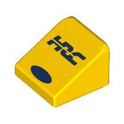 LEGO part 54200pr0021 Slope 30° 1 x 1 x 2/3 (Cheese Slope) with Dark Blue 'HSC', Oval print in Bright Yellow/ Yellow