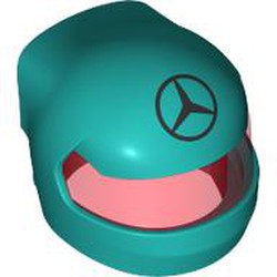 LEGO part 7071pat0002pr0002 Helmet, Formula 1 with Trans-Red Visor pattern and Mercedes Logo print in Bright Bluish Green/ Dark Turquoise