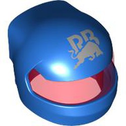 LEGO part 7071pat0002pr0003 Helmet, Formula 1 with Trans-Red Visor pattern and Silver 'RB', Bull print in Bright Blue/ Blue