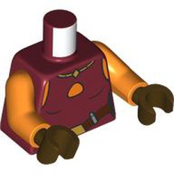 LEGO part 973c34h07pr0001 Torso, Orange Arms, Dark Brown Hands with print in Dark Red