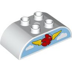 LEGO part 98223pr0043 Duplo Brick 2 x 4 Curved Top with Yellow Wings, Red Bunny on Blue Sky print in White