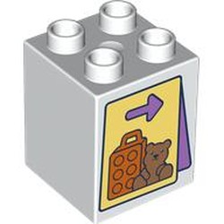 LEGO part 31110pr0177 Duplo Brick 2 x 2 x 2 with Sign, Arrow, Bear, Suitcase print in White