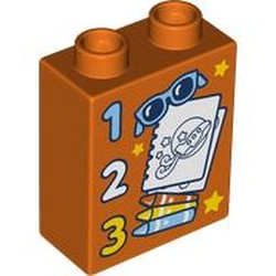 LEGO part 76371pr0272 Duplo Brick 1 x 2 x 2 with '1, 2, 3', Sunglasses, Note, Pencils print in Reddish Orange