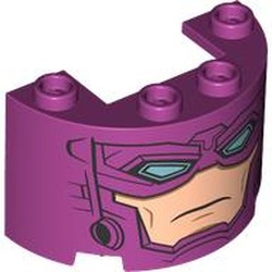 LEGO part 24593pr0015 Cylinder Half 2 x 4 x 2 with 1 x 2 Cutout with Galactus Face print in Bright Reddish Violet/ Magenta