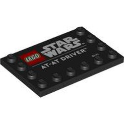 LEGO part 6180pr0037 Plate Special 4 x 6 with Studs on 3 Edges with 'LEGO STA WARS', 'AT-AT DRIVER' print in Black