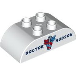 LEGO part 98223pr0045 Duplo Brick 2 x 4 Curved Top with 'DOCTOR NUDSON;, Red/Blue Serpents around Wrench print in White